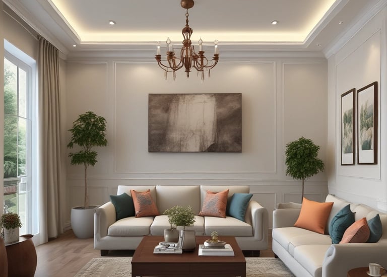 A bright, airy living room with minimalist decor and natural light streaming through large windows.