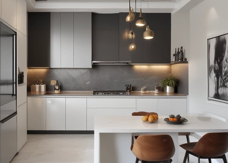 A sleek, modern kitchen featuring clean lines and subtle color accents.