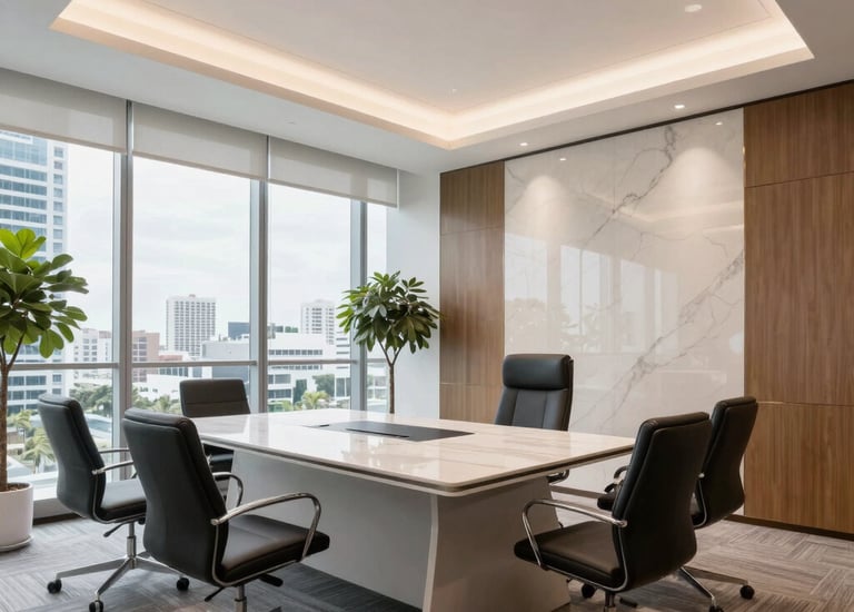 Cleaning crew wiping down office desks and glass partitions in a modern workspace.