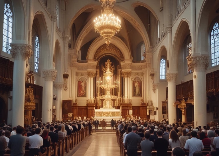 A group of people praying together in a sunlit church