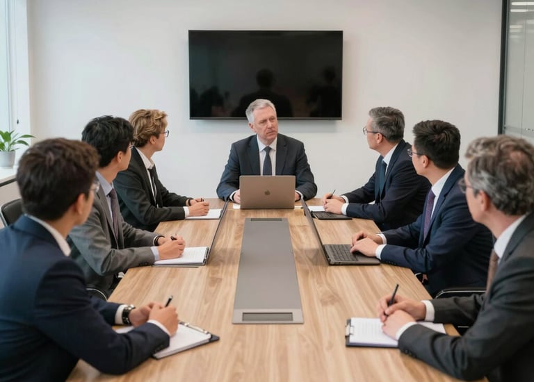 Team meeting discussing strategies to track scam perpetrators.