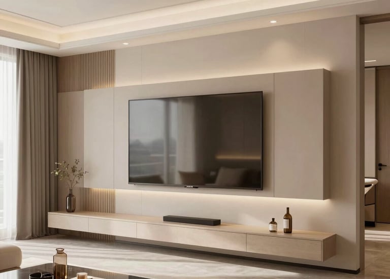 Elegant built-in bookshelf blending into a cozy living room.