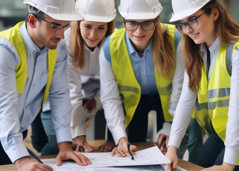 A focused engineer reviewing mechanical blueprints in a workshop.