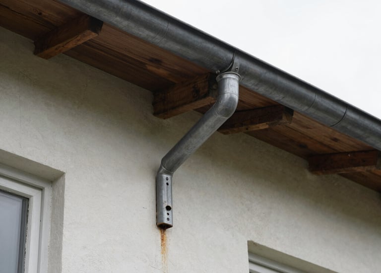 Technician cleaning and repairing gutters on a suburban home.
