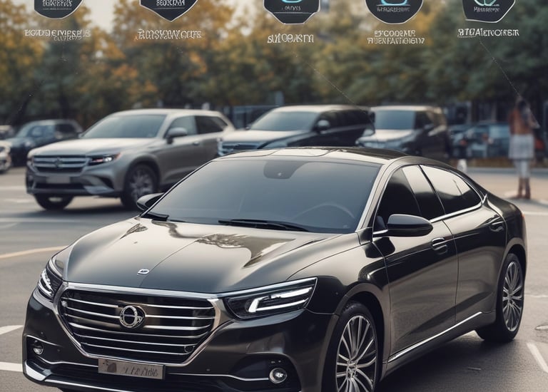 Side view of a car driving at night with bright headlights casting long beams and lens flares.