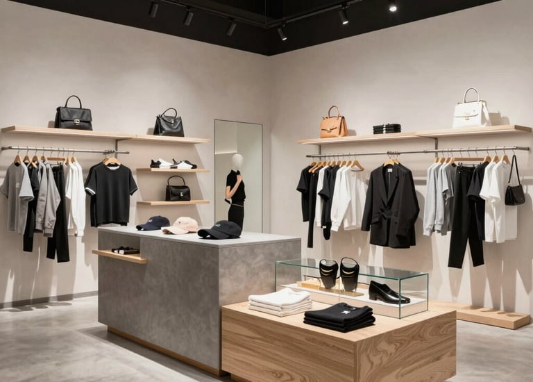 Cozy boutique interior with warm lighting and elegant displays.