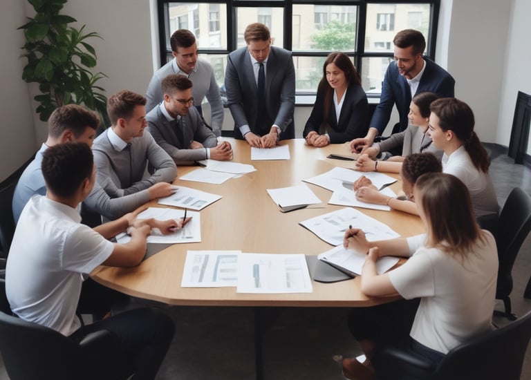 A confident sales consultant coaching a franchise team in a sleek conference room.