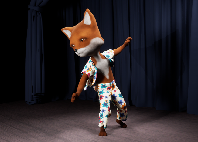 A 3D scene of a fox dancing in Unreal Engine