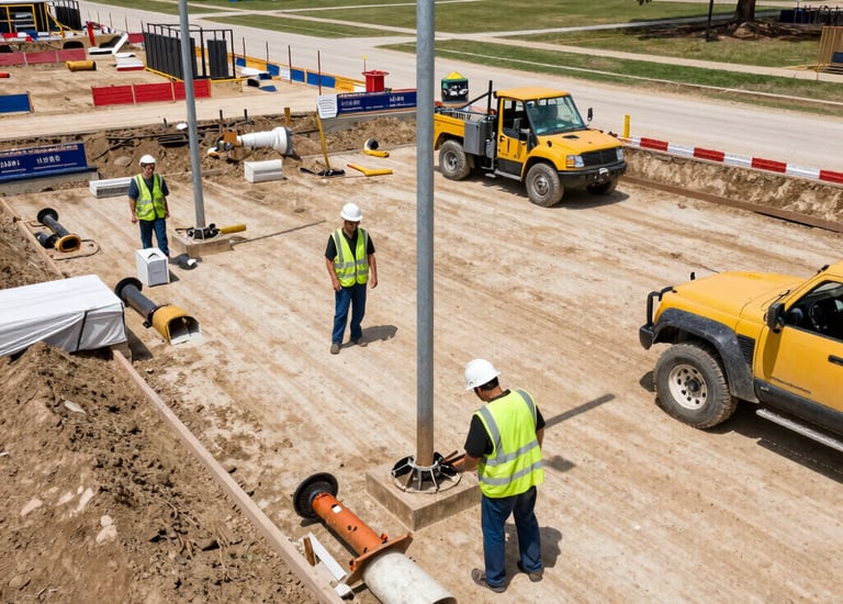 Industrial site development with heavy equipment and layout plans visible