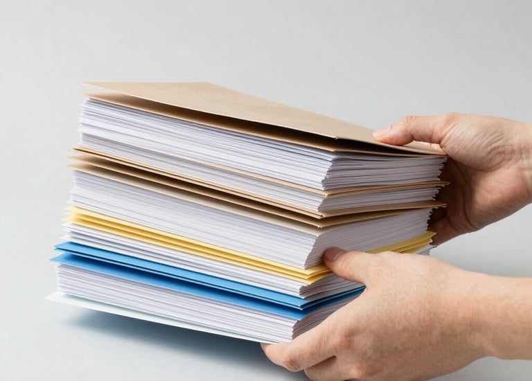 A close-up of hands organizing colorful data charts on a desk.