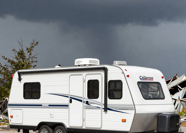 A sleek, dark teal temporary lodging unit parked at a disaster site with safety orange accents.