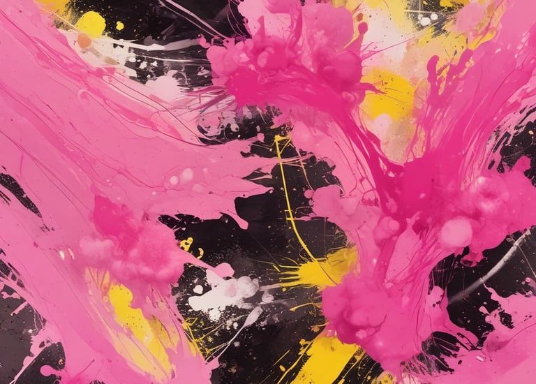Close-up of a digital illustration with dynamic splatter textures in pink and yellow.