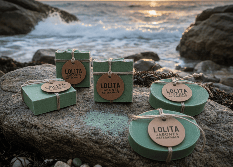 Barras de jabón artesanal verde hechas a mano sobre rocas en el océano al atardecer, con etiquetas d