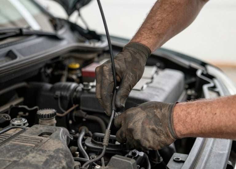 A skilled mechanic inspecting a car engine under bright garage lights.