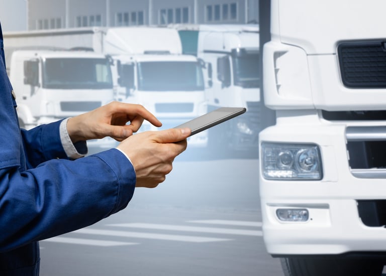 Logistics worker using tablet in front of white freight trucks — pilot delivery program coordination