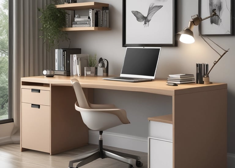 Custom-made wooden office desk with shelves and drawers.