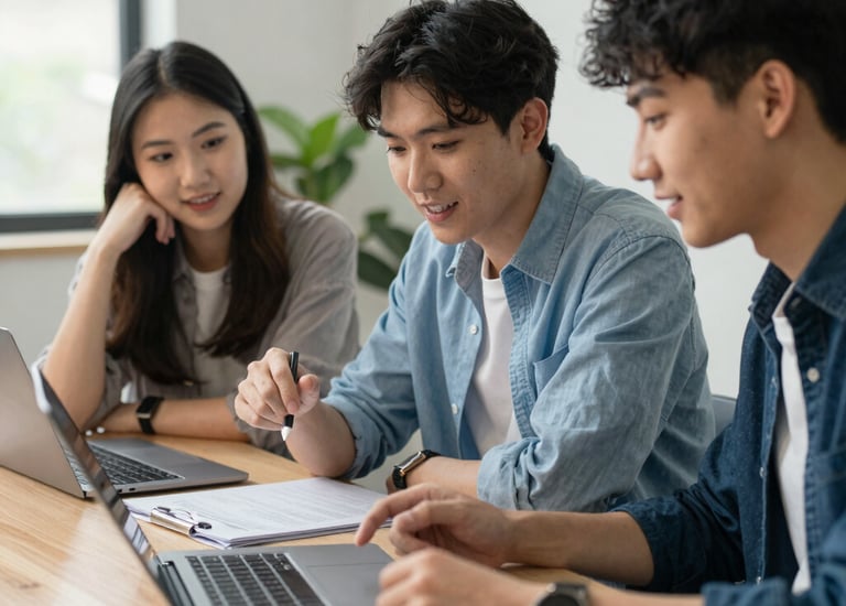 A digital marketing team discussing e-commerce strategy around a laptop.