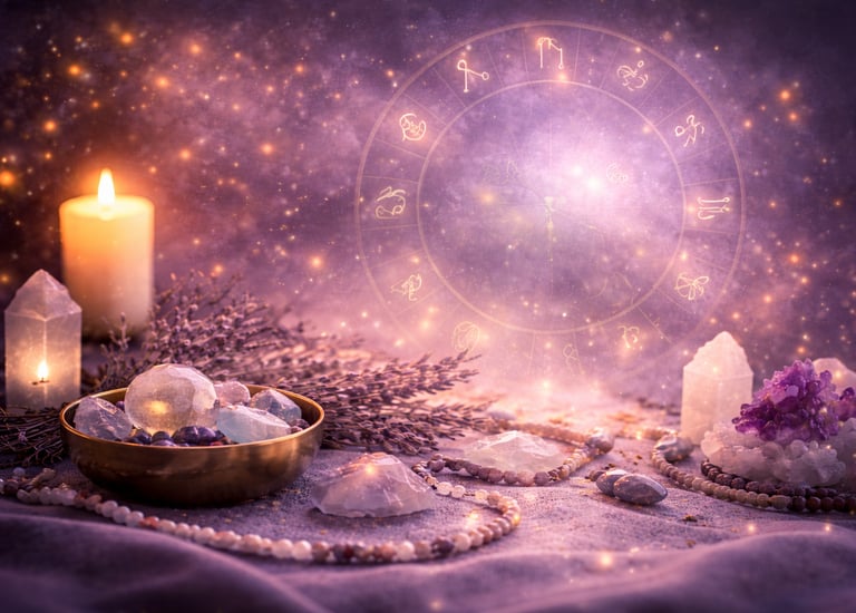 Astrology chart background with healing crystals, a lit candle, and a zodiac wheel in a magical purple aesthetic.