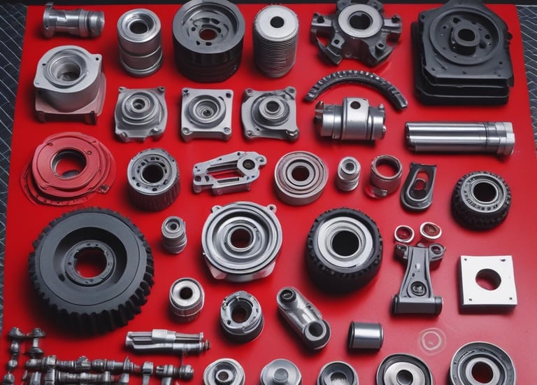 Small engine parts laid out on a black and red checkerplate surface with a flame decal.