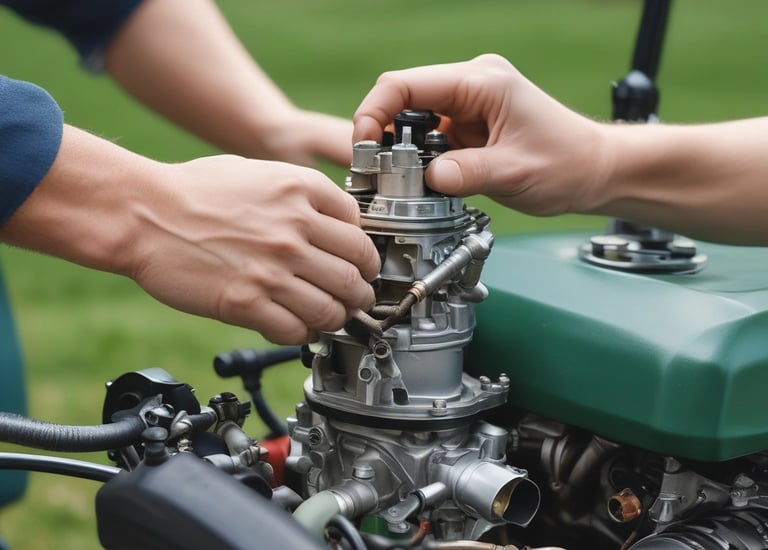 Close-up of a mechanic’s hands adjusting a small engine gear with flames and checkerplate background.