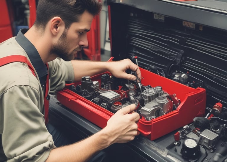 Technician repairing a small engine with red flames painted on the toolbox nearby.