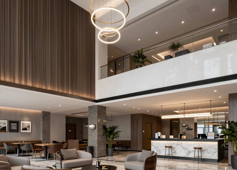 Before and after shots of a renovated city hotel showing modern upgrades and lively atmosphere.