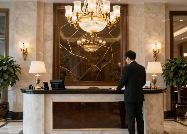 A vibrant hotel lobby bustling with attentive staff and welcoming guests.