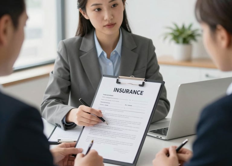 A close-up of a detailed insurance policy document with a pen resting on top.