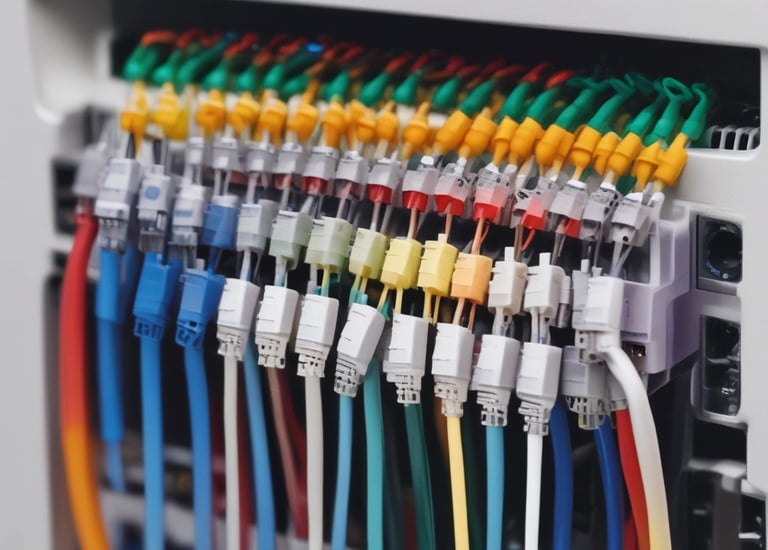 Orange-toned network cabling setup in a server room.