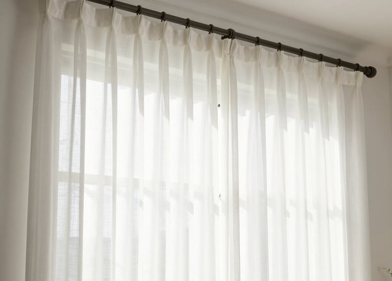Bedroom window with stylish blackout curtains drawn halfway.