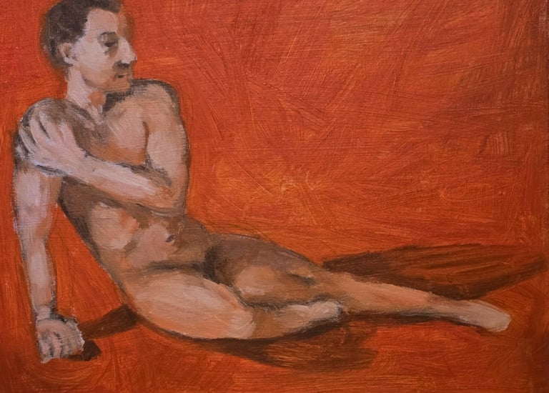 an oil painting study of a nude figure sitting on the ground, wounded, orange/red background.