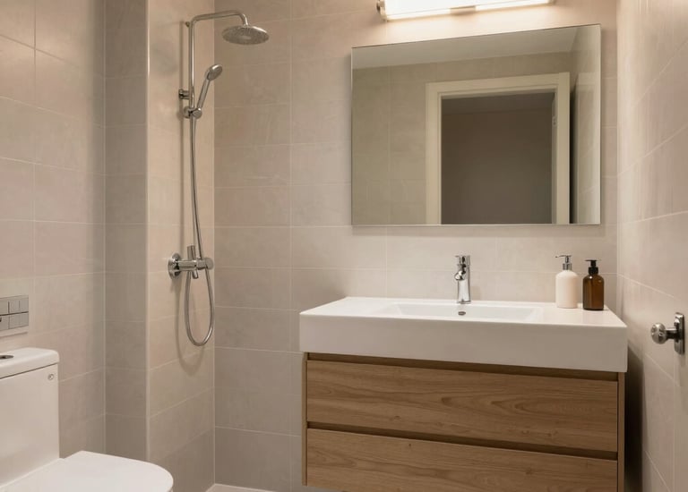 A craftsman carefully fitting bespoke wooden cabinetry in a villa.