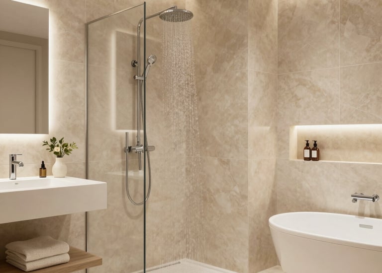 A serene spa bathroom featuring stone tiles and ambient lighting.