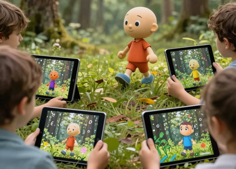 Children exploring a natural reserve with tablets in hand, blending nature and AI learning.