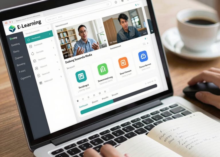 Icon symbolizing online learning with a laptop and headset