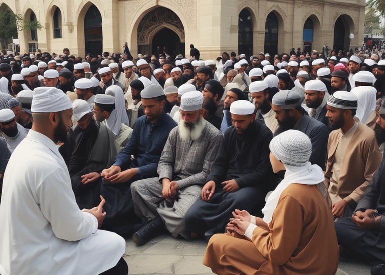 Community members participating in an interfaith dialogue event outdoors.
