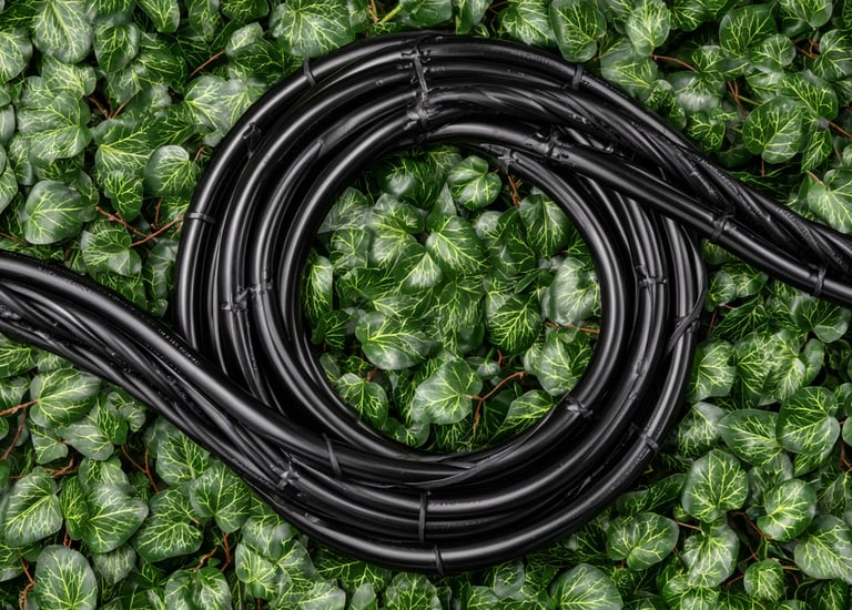 Black industrial cable coil resting on a lush bed of green ivy leaves for outdoor wiring.