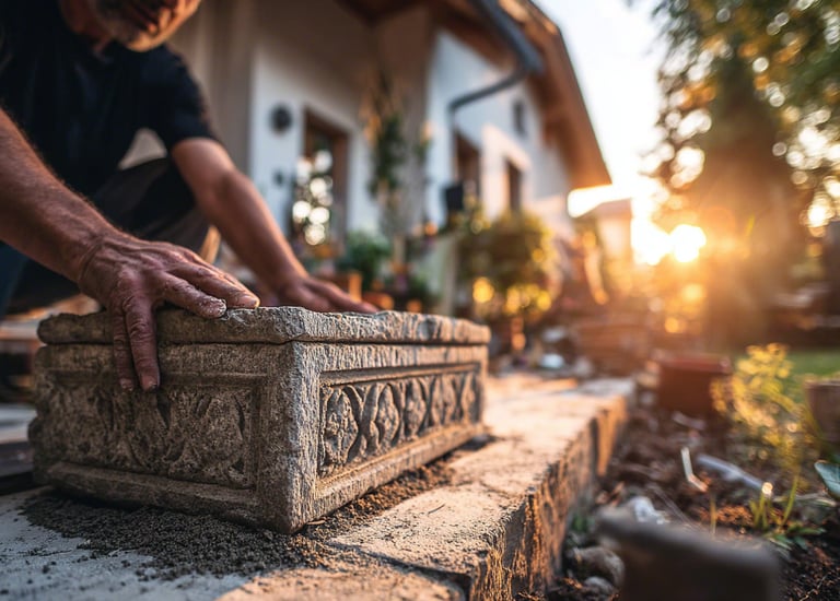 A landscaper installs an ornate carved stone planter box on a garden patio at sunset.