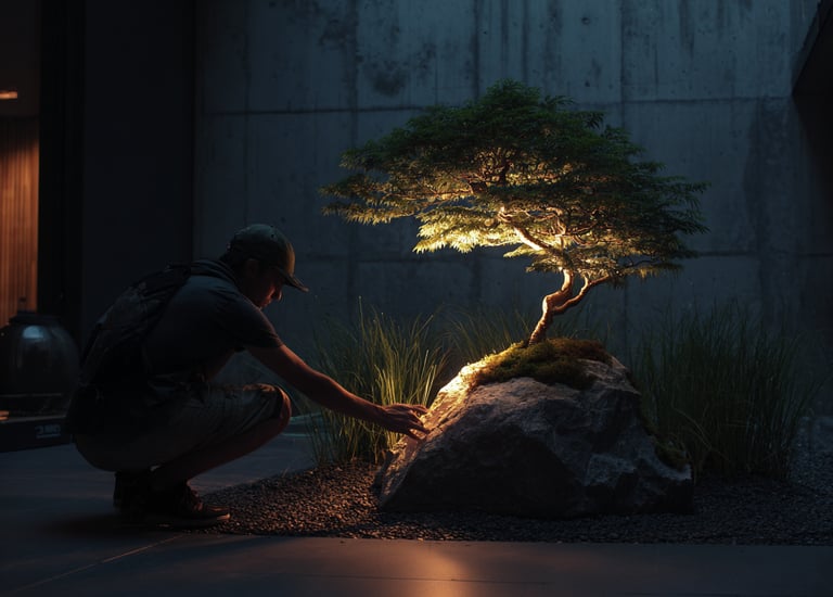 A man admiring a glowing Japanese bonsai tree on a rock in a modern Zen garden at night.