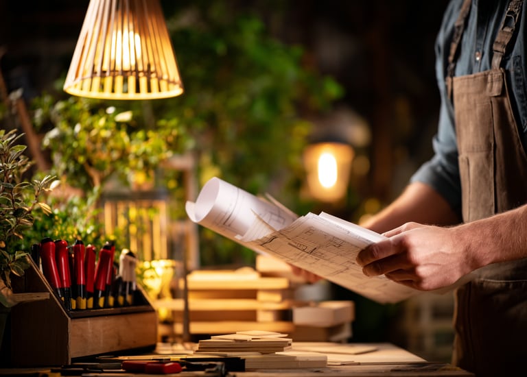 Professional carpenter in apron reviewing architectural blueprints on a wooden workshop table.