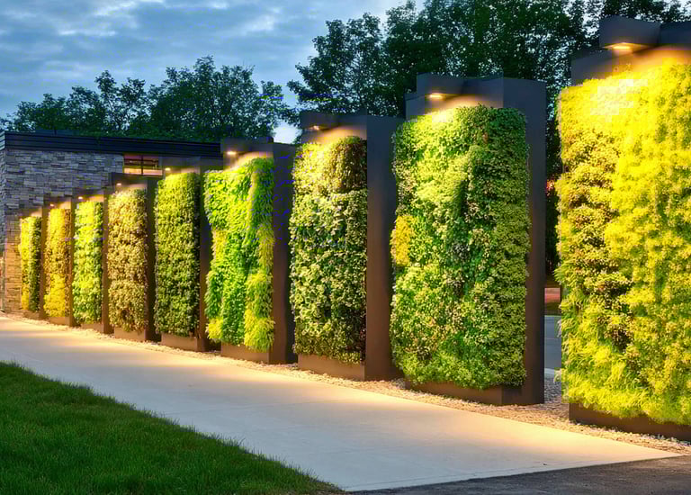 Illuminated outdoor vertical garden panels with lush green plants along a modern walkway.