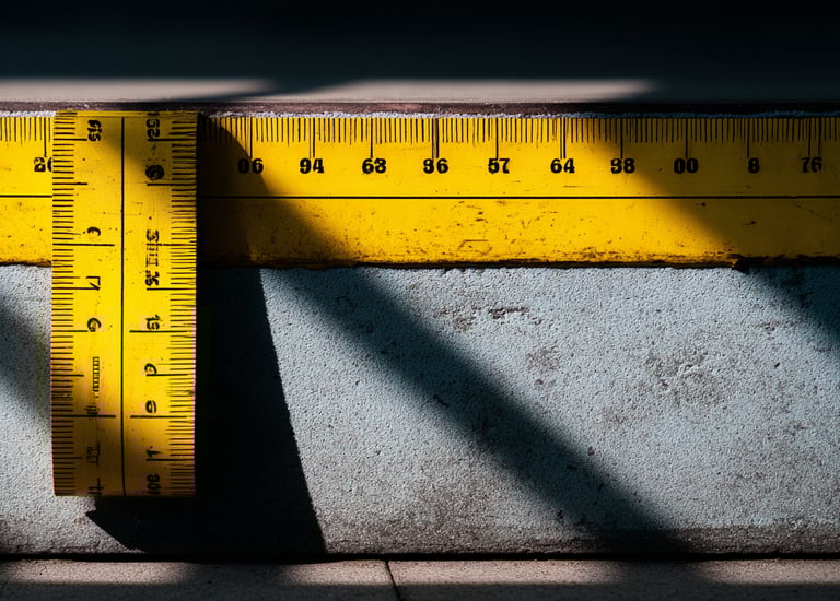 Yellow measuring tape and ruler on a concrete construction surface with dramatic shadows.