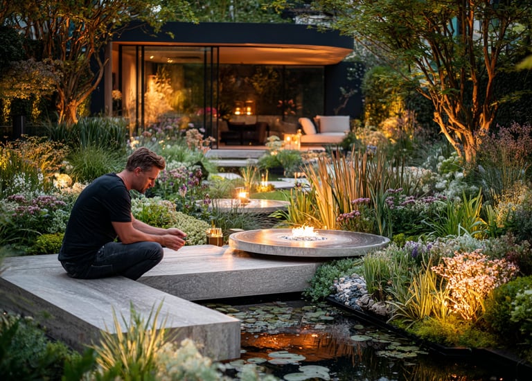 A man sits by a modern fire pit and pond in a luxury landscaped garden with evening lighting.