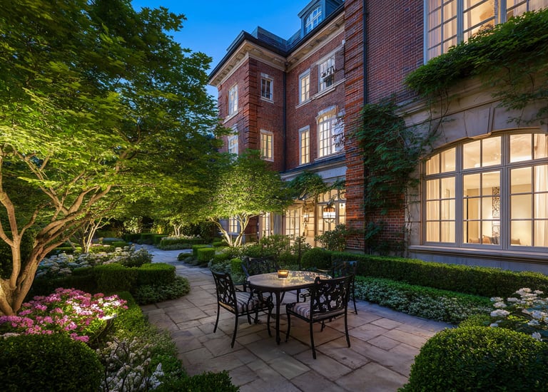 Luxury brick estate features a stone patio with a dining set and lush garden landscaping at dusk.