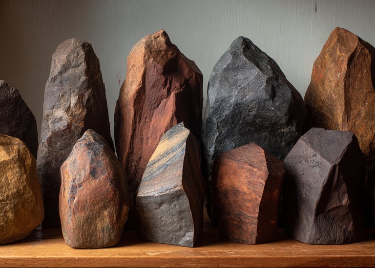 Collection of raw decorative stones and natural iron ore rocks displayed on a wooden shelf.