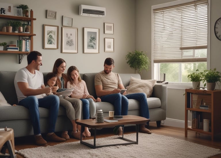 Family smiling in a cool living room after HVAC maintenance.