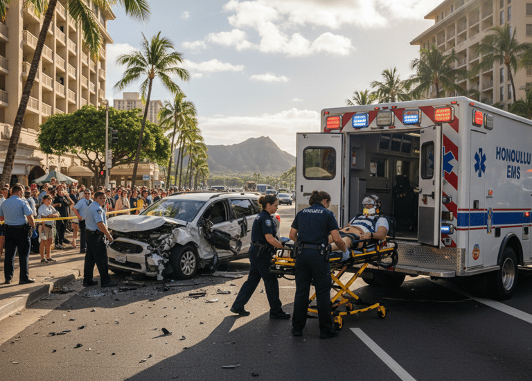 Emergency responders and paramedics loading a car accident victim into a Honolulu EMS ambulance in Waikiki.