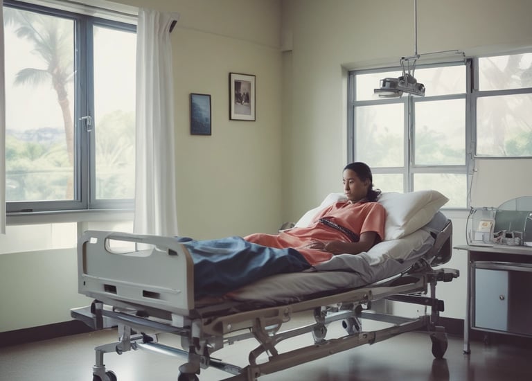 A patient resting in a modern adjustable hospital bed inside a bright medical recovery room.