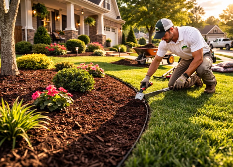 Fresh dark brown mulch installed in residential flower beds to improve curb appeal and reduce weeds 