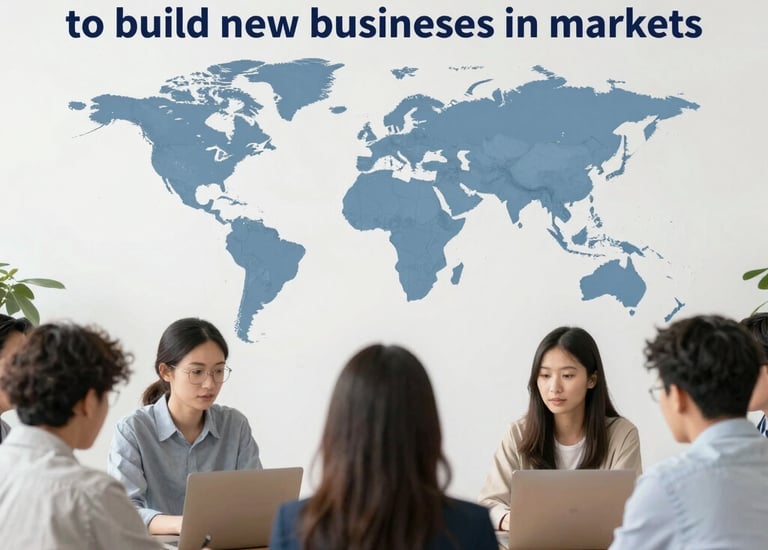 Modern office space with international business meetings in progress.